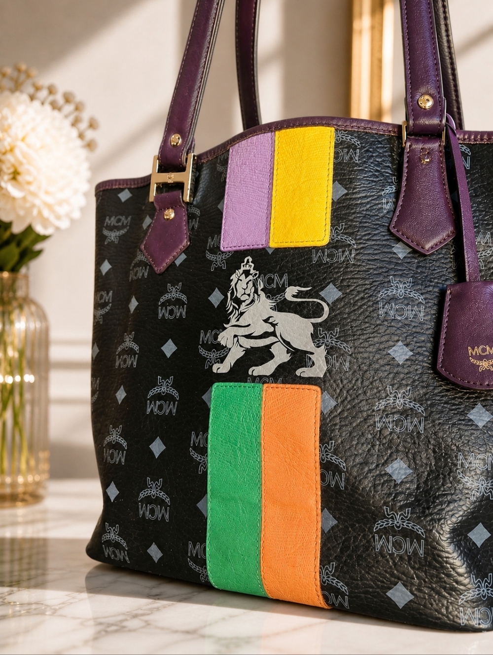 MCM Lion Visetos Multicolor Logo Tote Shoulder Bag With COA